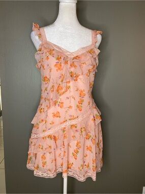 Altar’d State Tiered Ruffle Floral Lace Chiffon Sleeveless Mini Dress - Size XS